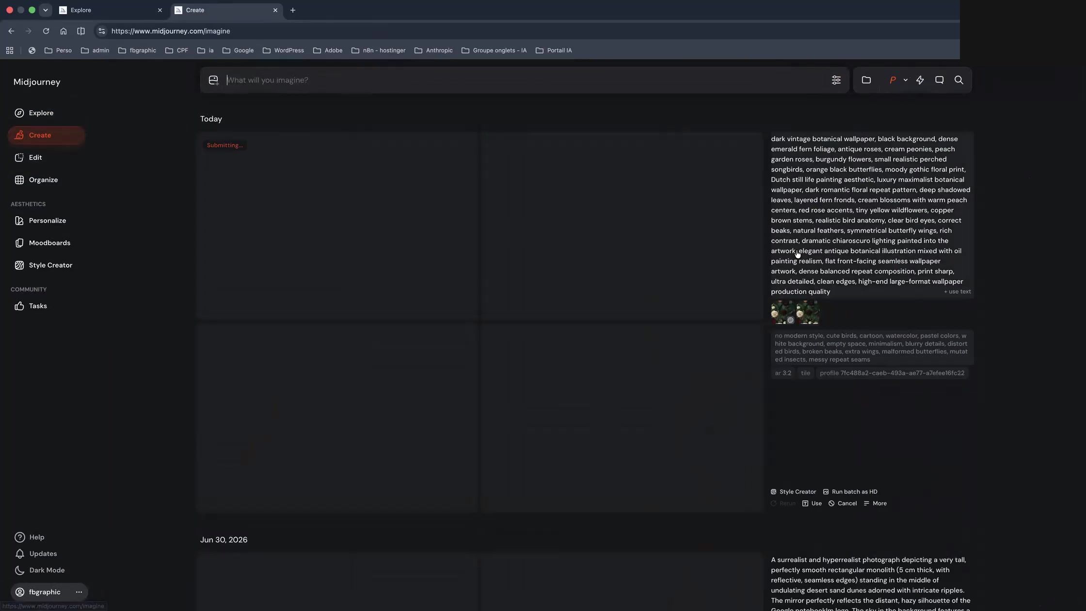 Génération d’un motif seamless en cours sur la page Create de Midjourney