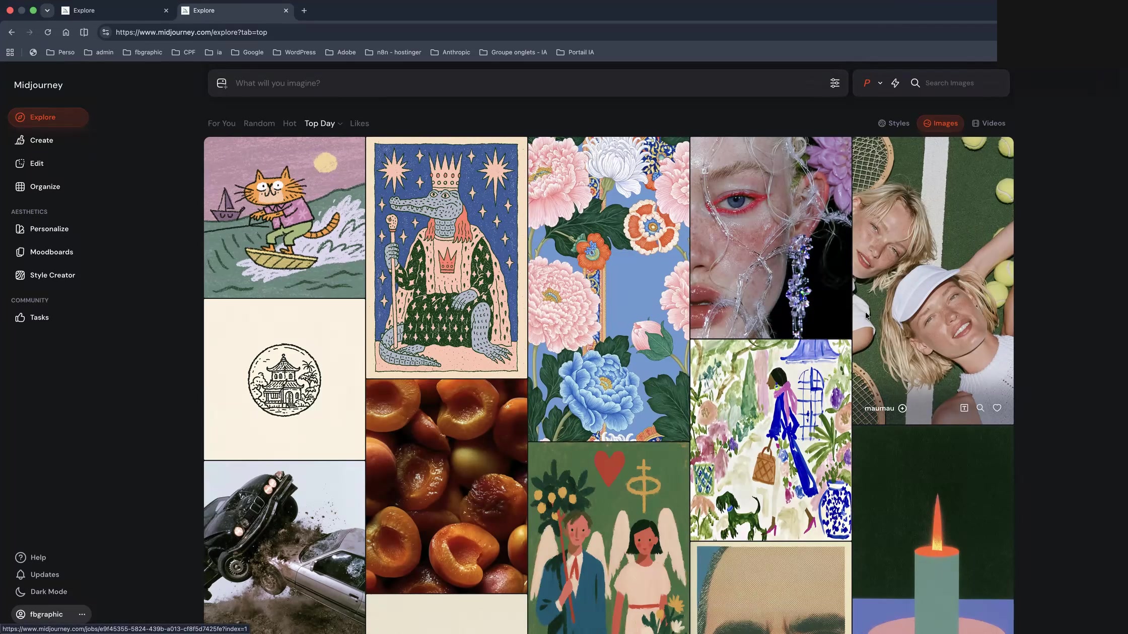 Interface web de Midjourney avec la page Explore et son flux d’inspiration