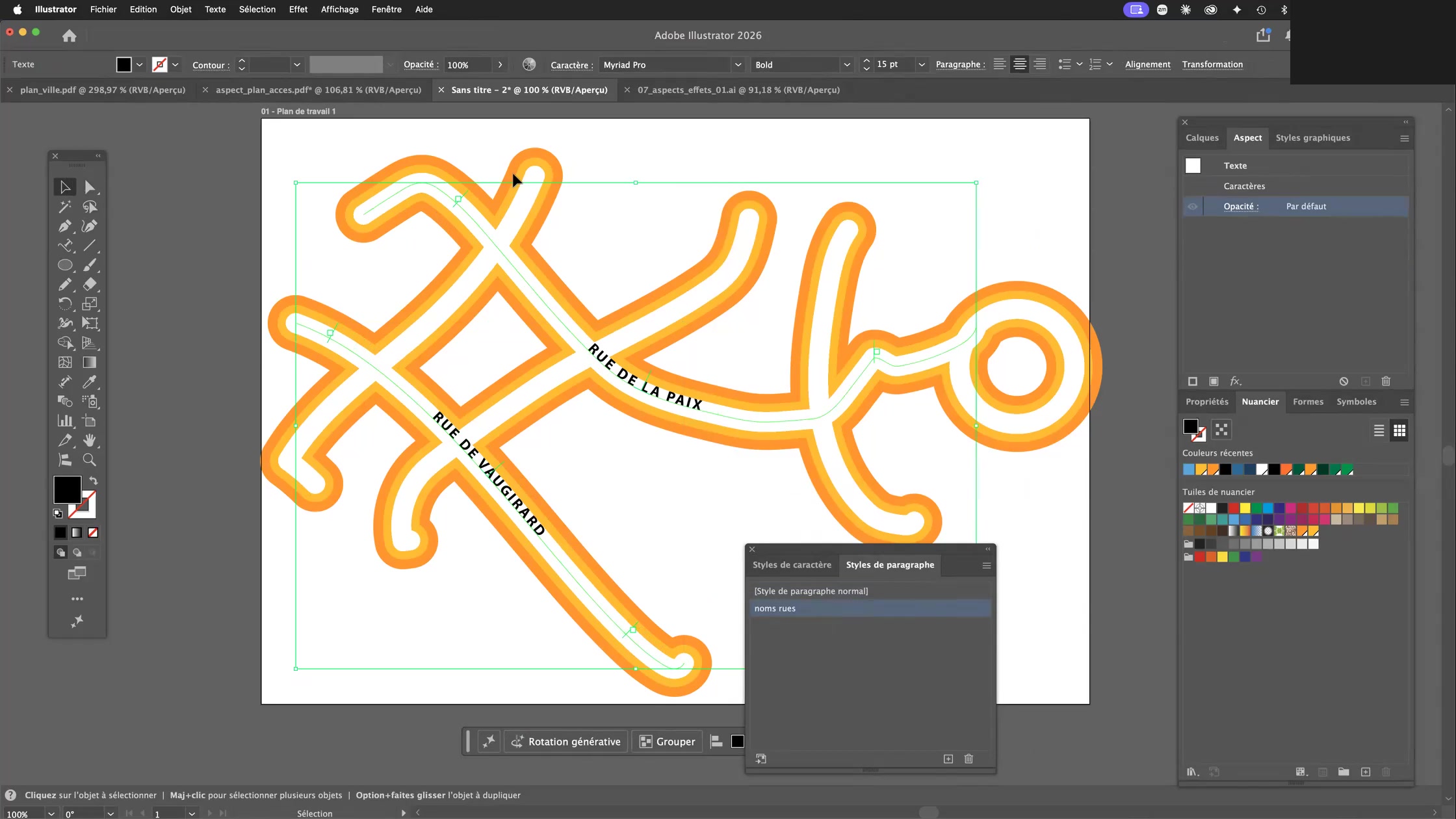Adobe Illustrator et la palette aspect 16 Noms de rues finalisés en texte sur tracé sur le plan d’accès vectoriel Illustrator