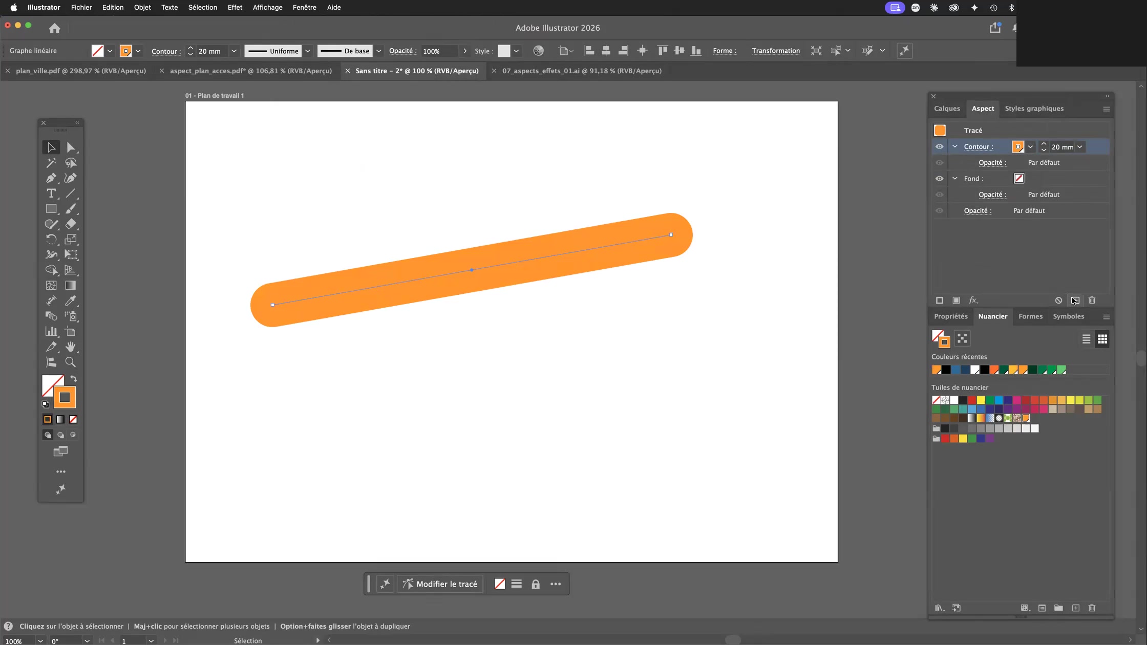 Adobe Illustrator et la palette aspect 5 Contour orange appliqué au tracé via le Nuancier et la palette Aspect d’Illustrator