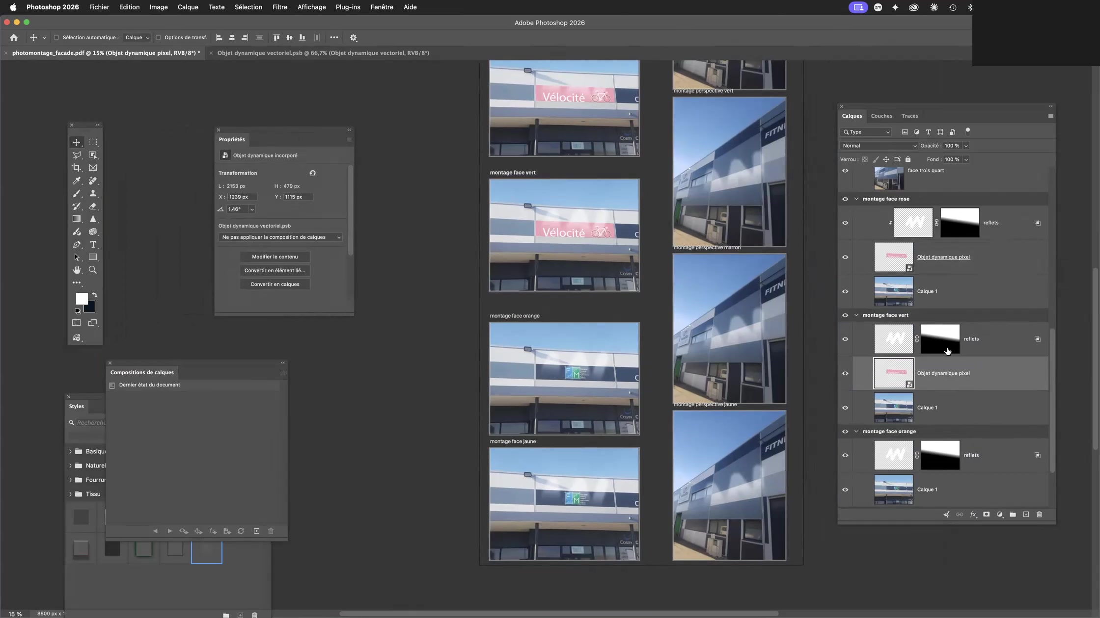 Adobe Photoshop et les objets dynamiques 13 Panneau Propriétés de Photoshop avec choix de la composition de calques par instance d’objet dynamique