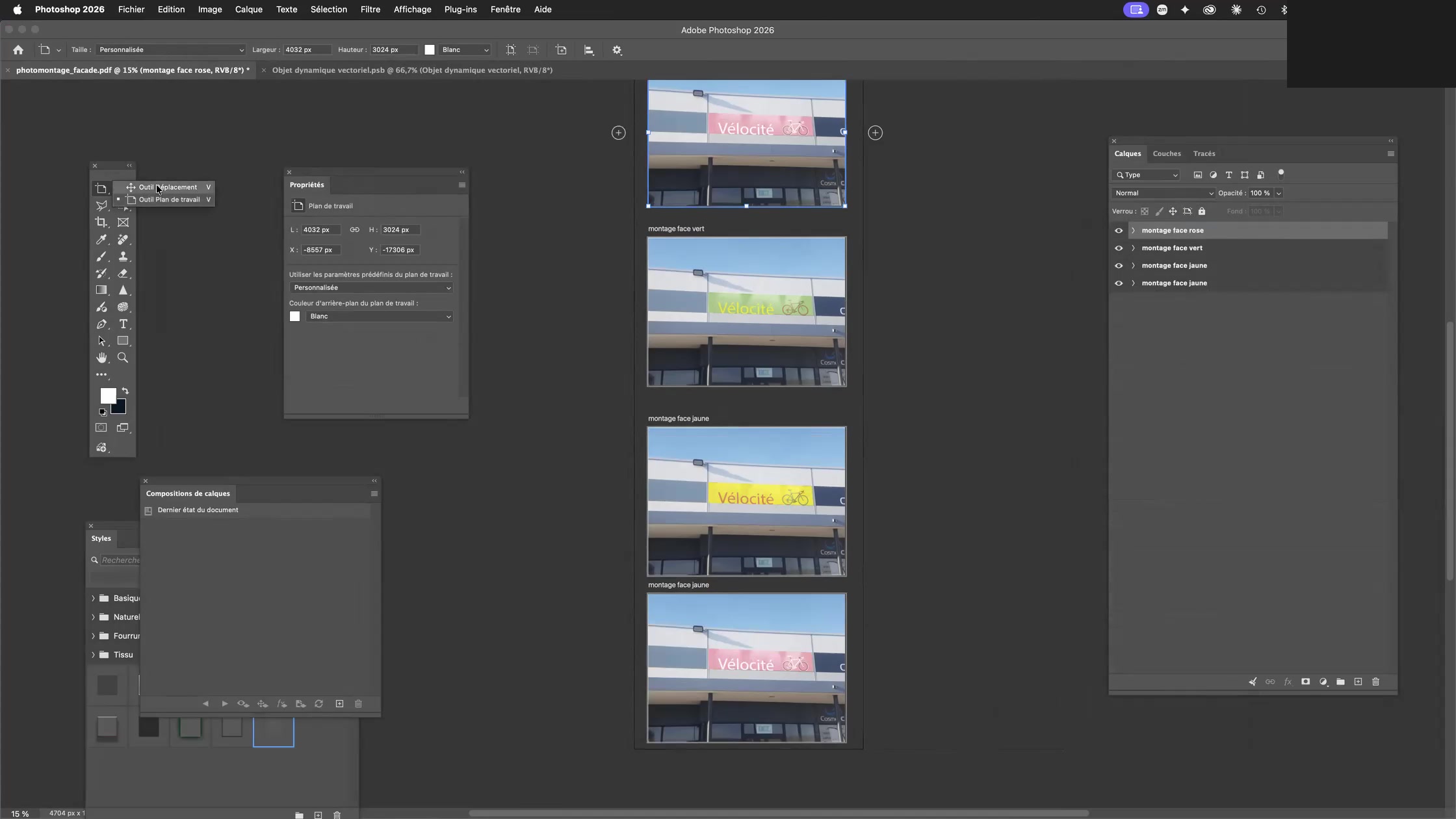 Adobe Photoshop et les objets dynamiques 15 Les quatre façades déclinées avec les variantes de l’enseigne grâce aux objets dynamiques