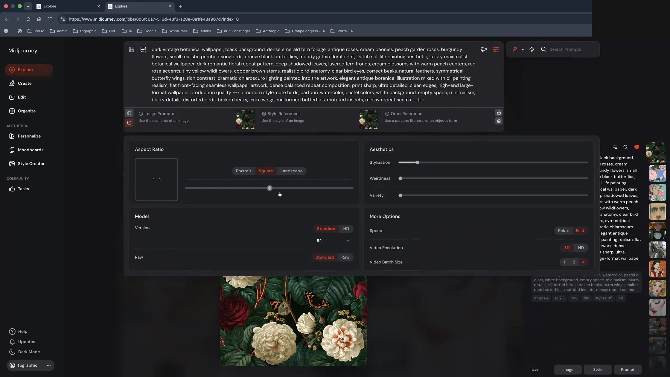 Panneau de réglages Midjourney avec format modèle et curseurs esthétiques