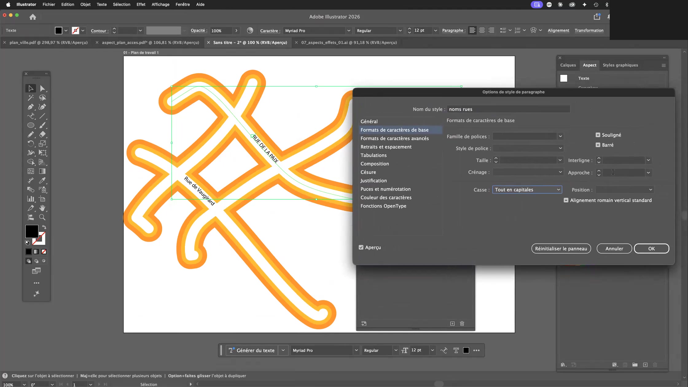 Adobe Illustrator et la palette aspect 15 Boîte de dialogue des styles de paragraphe dans Adobe Illustrator pour les noms de rues