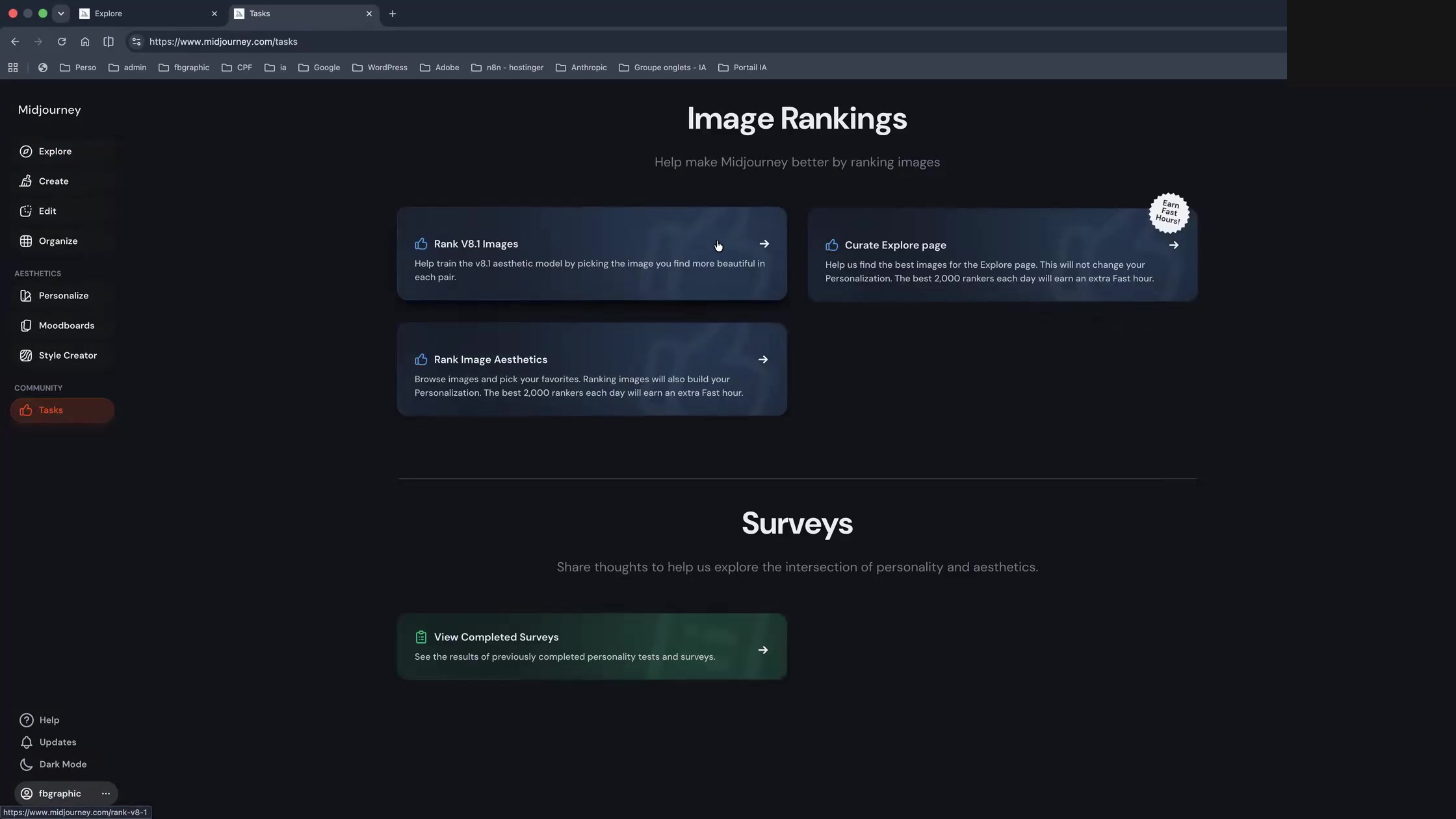 Page Tasks de Midjourney avec Image Rankings et sondages esthétiques