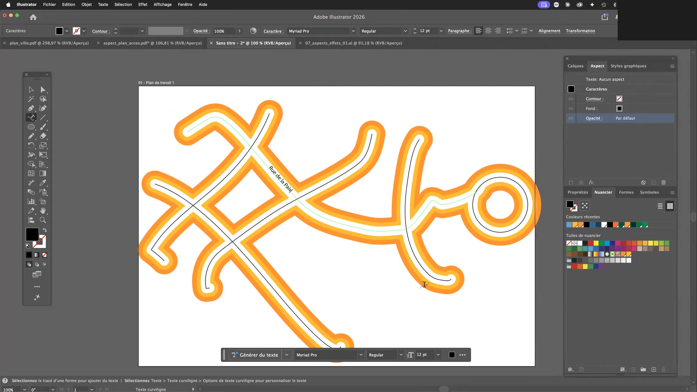 Adobe Illustrator et la palette aspect 14 Texte curviligne suivant le tracé d’une rue dans Adobe Illustrator