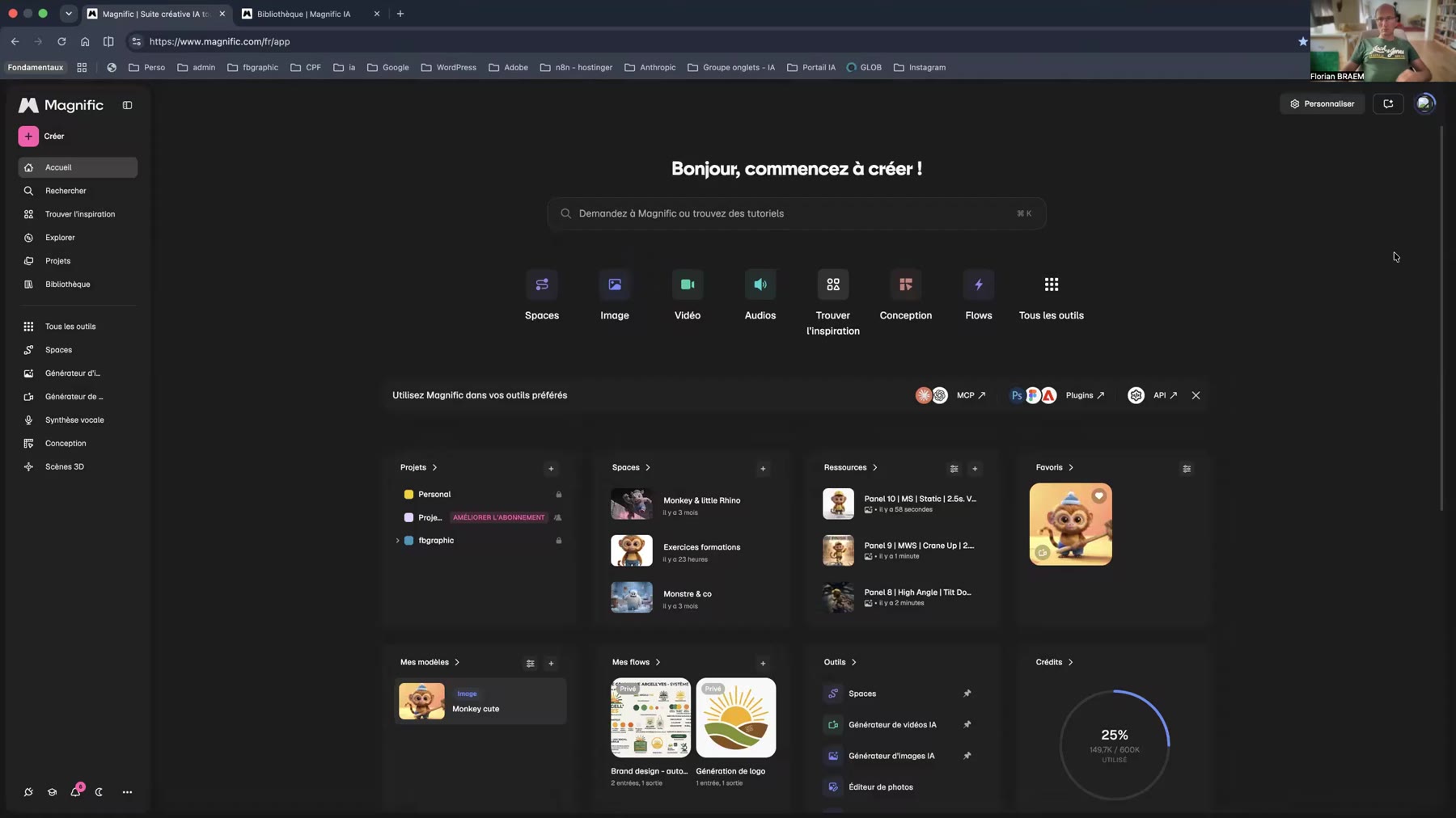 Accueil de Magnific et accès aux Spaces Page d'accueil de Magnific avec les outils Spaces, Image, Vidéo, Audios et Flows