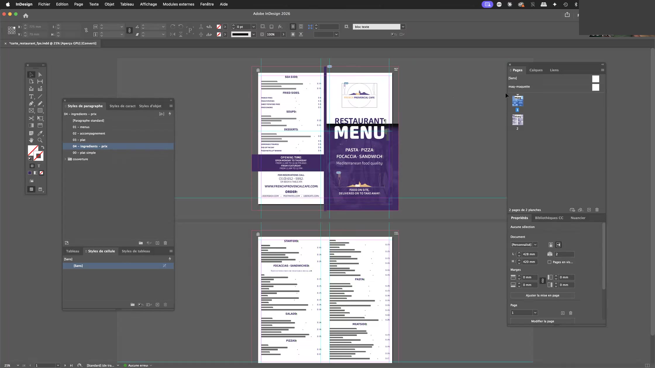 Adobe Indesign et les styles imbriqués, styles GREP, styles suivants 2 Maquette de carte de restaurant dans Adobe InDesign avec le panneau Styles de paragraphe
