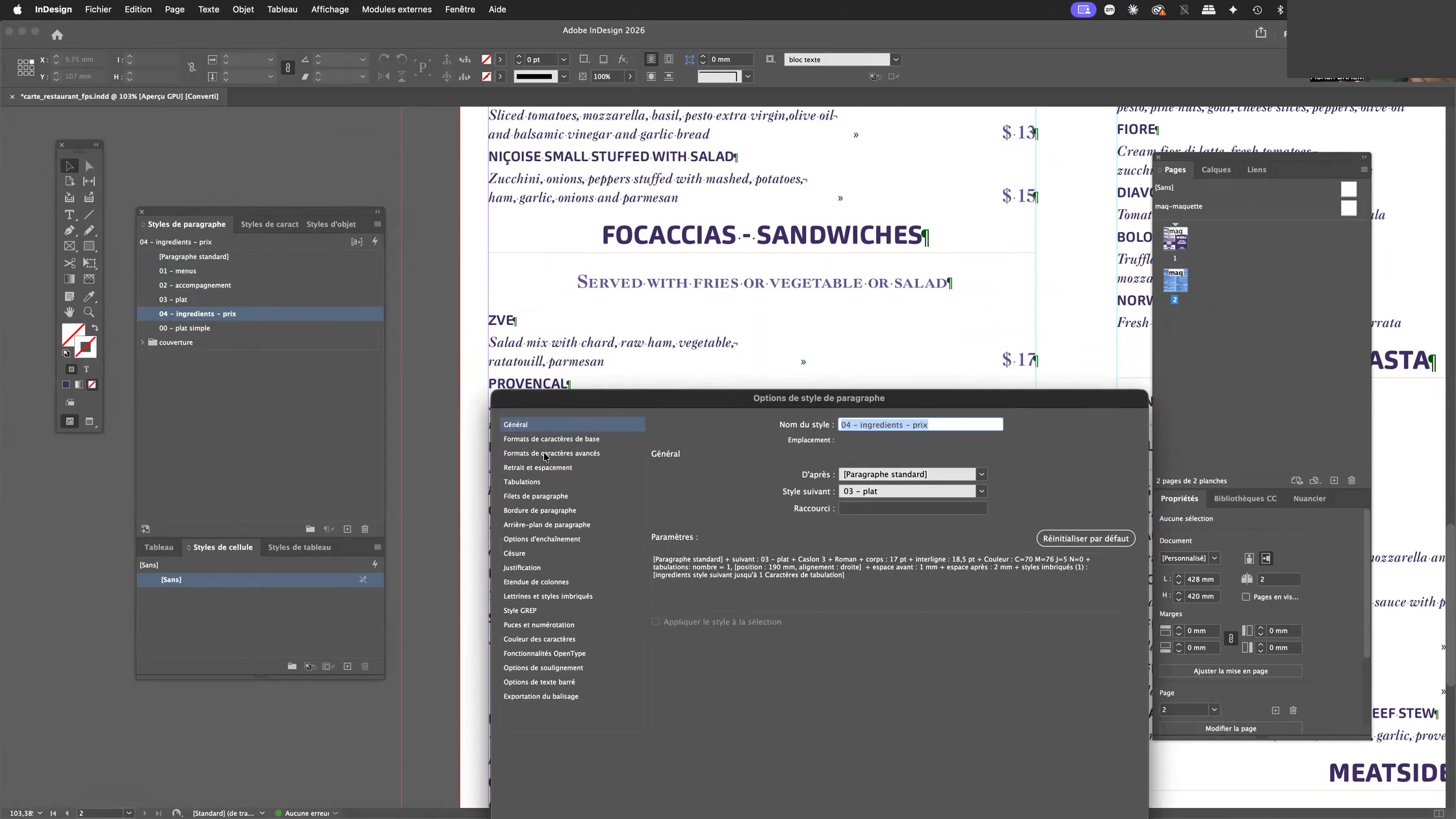 Adobe Indesign et les styles imbriqués, styles GREP, styles suivants 6 Chaîne de styles suivants InDesign entre les styles menus, plat, ingrédients et prix