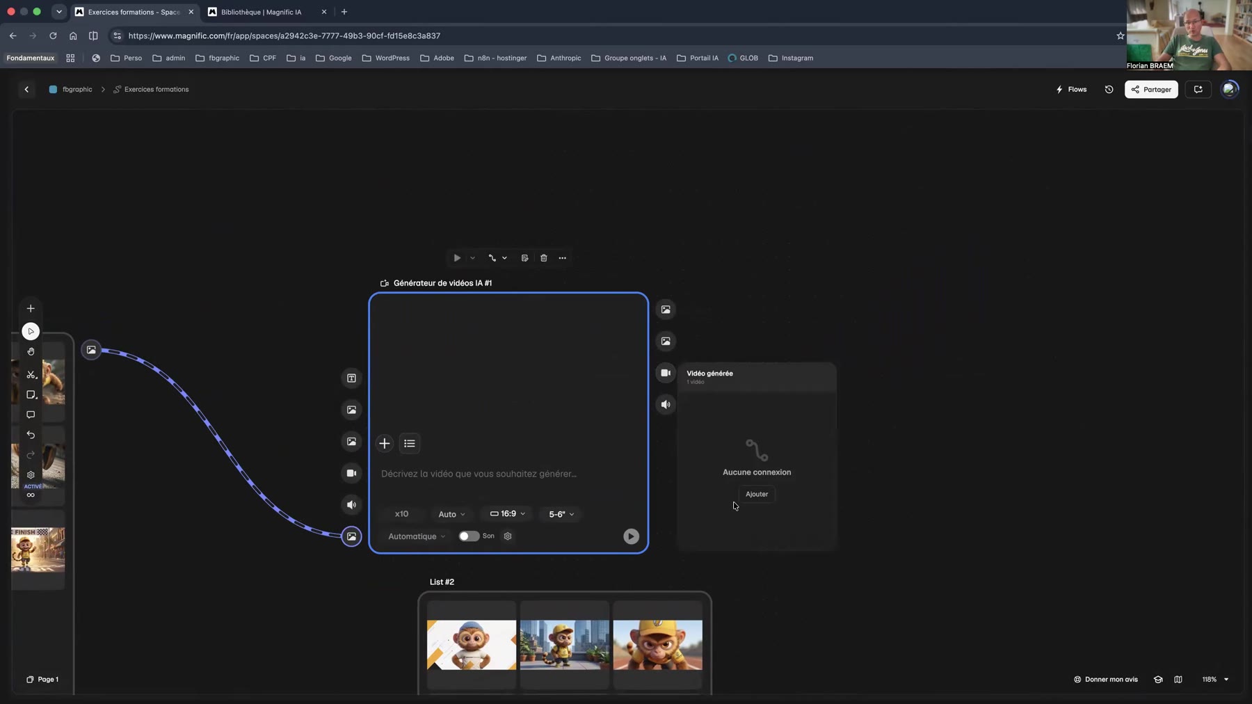 Le nœud générateur de vidéos IA Nœud générateur de vidéos IA et menu des outils vidéo dans Spaces Magnific