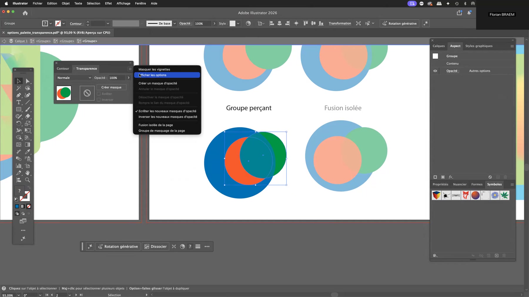 Adobe Illustrator et les options d'opacité 6 Case Groupe perçant cochée dans la palette Transparence d'Adobe Illustrator