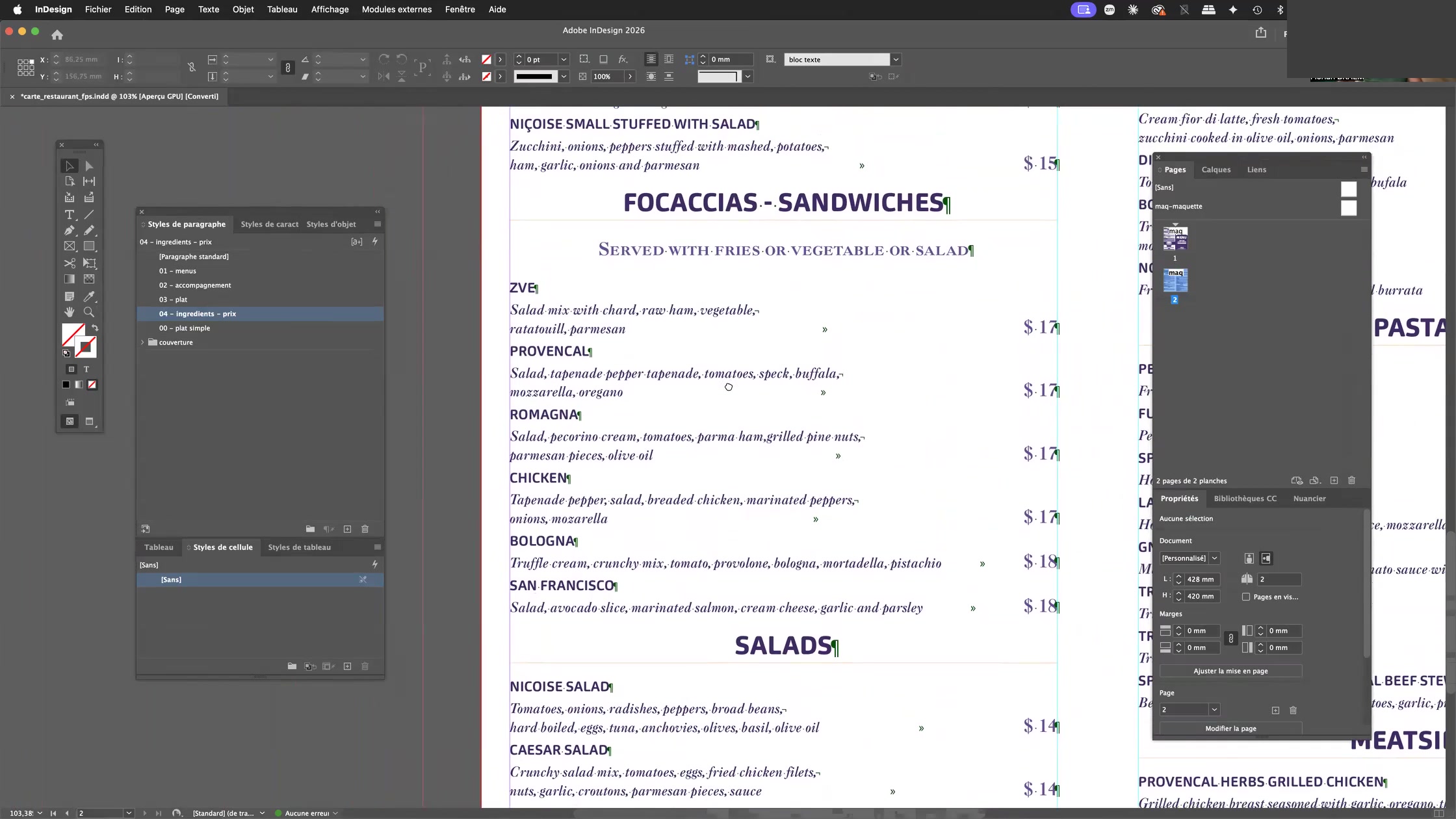 Adobe Indesign et les styles imbriqués, styles GREP, styles suivants 11 Résultat des lettrines et styles imbriqués sur la carte de restaurant dans InDesign