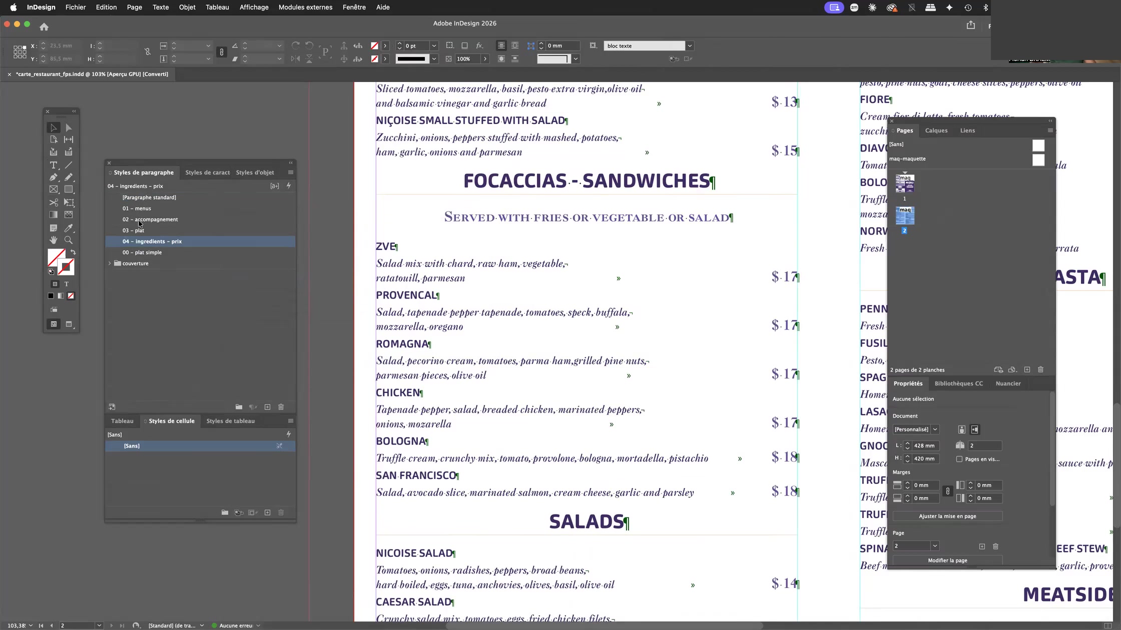 Adobe Indesign et les styles imbriqués, styles GREP, styles suivants 9 Carte de restaurant mise en forme automatiquement dans InDesign grâce aux styles suivants