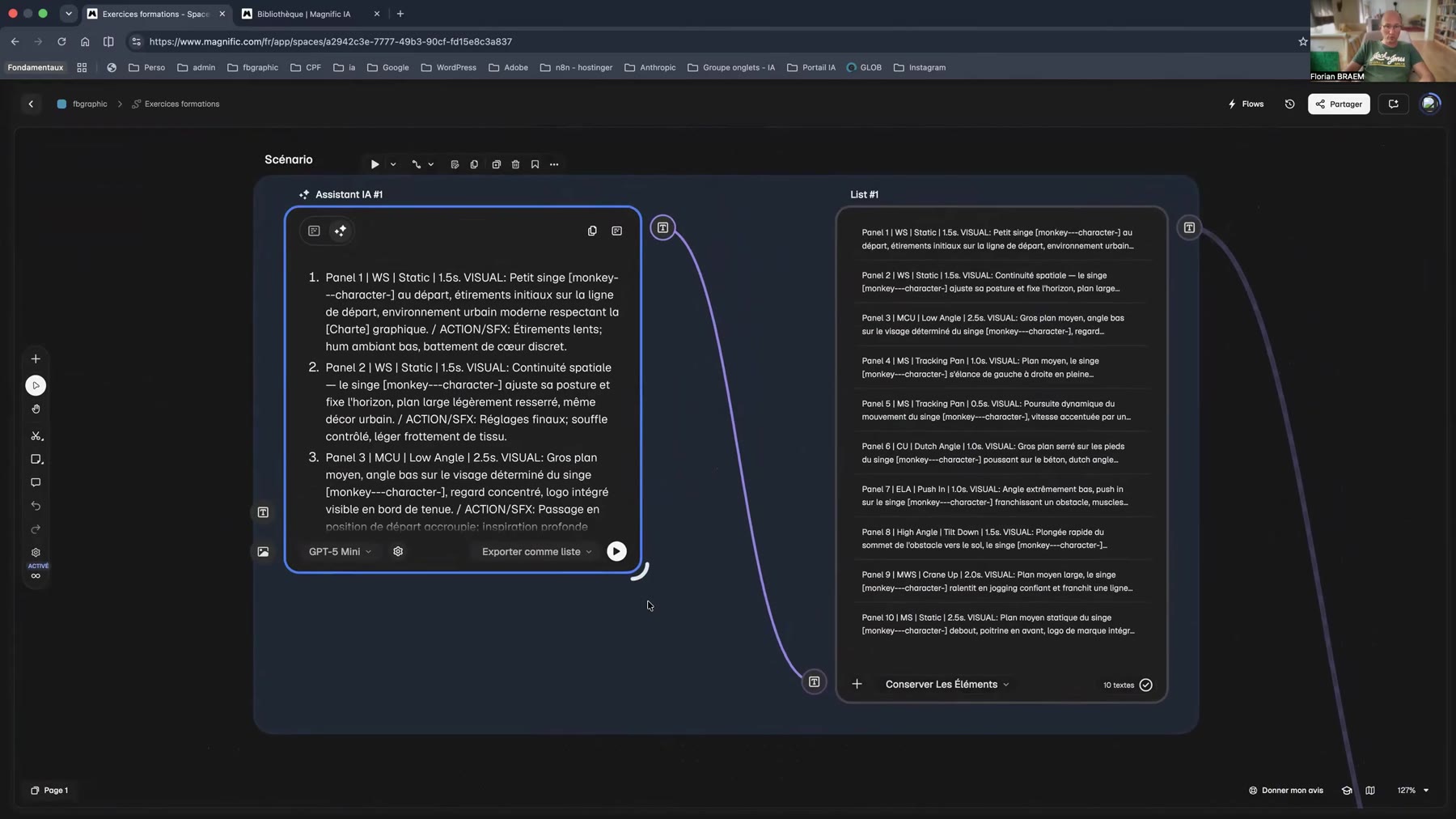 Du scénario rédigé à la liste de plans Nœud assistant IA générant un scénario de storyboard exporté en liste dans Spaces Magnific