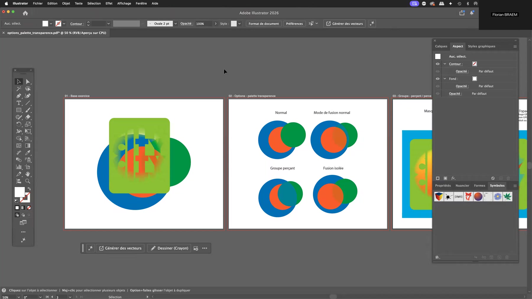 Adobe Illustrator et les options d'opacité 2 Opacité Illustrator - les trois plans de travail du fichier d'exercice sur les options de transparence