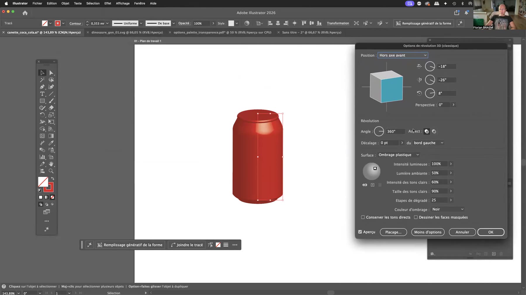 Options de révolution 3D classique dans Adobe Illustrator avec un angle de 360 degrés Options de révolution 3D classique dans Adobe Illustrator avec un angle de 360 degrés