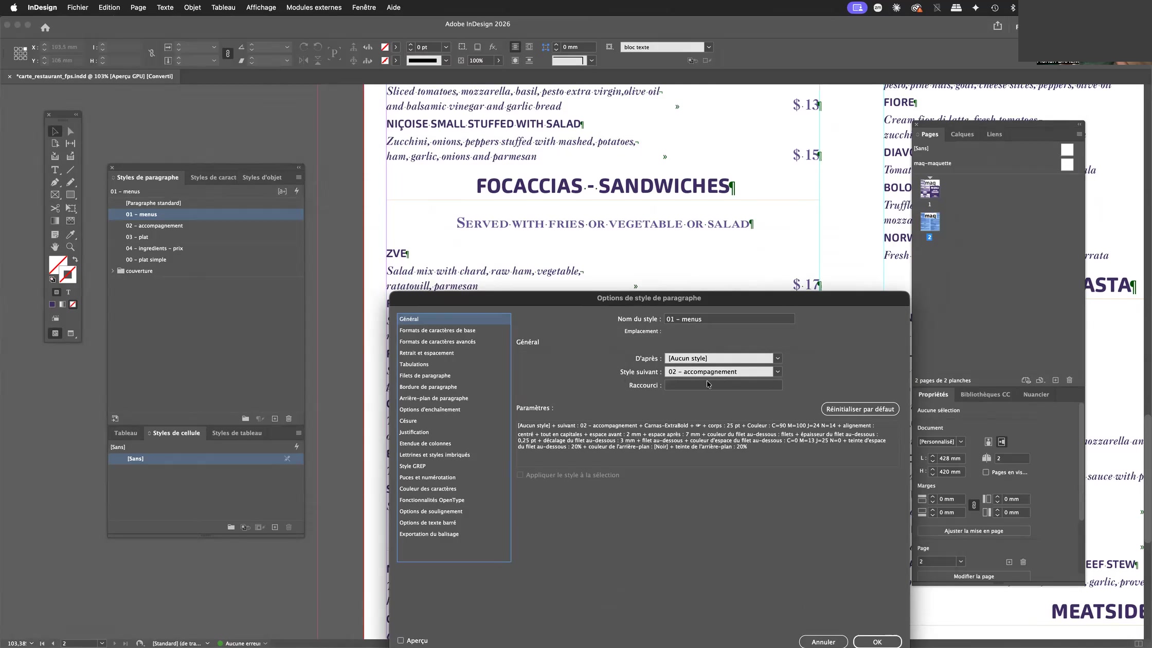 Adobe Indesign et les styles imbriqués, styles GREP, styles suivants 5 Options de style de paragraphe InDesign avec le menu Style suivant renseigné