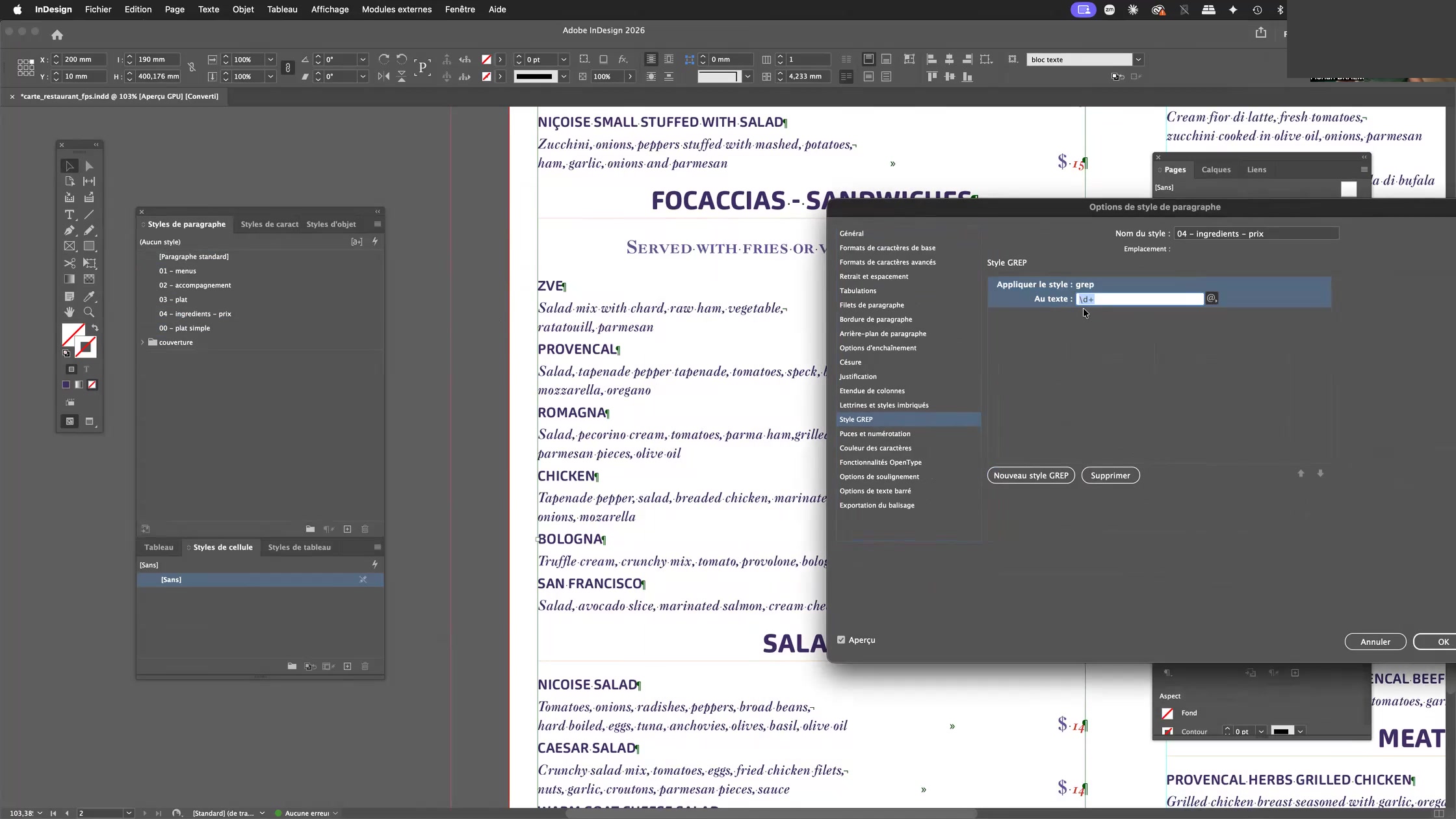 Adobe Indesign et les styles imbriqués, styles GREP, styles suivants 13 Onglet Style GREP des options de style de paragraphe InDesign avec l'expression régulière des prix