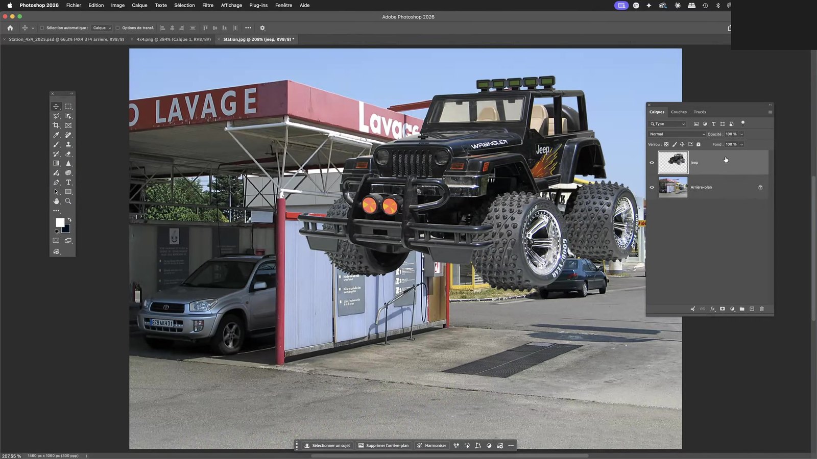 Import du 4x4 détouré dans la photo de station de lavage sous Photoshop Import du 4x4 détouré dans la photo de station de lavage sous Photoshop