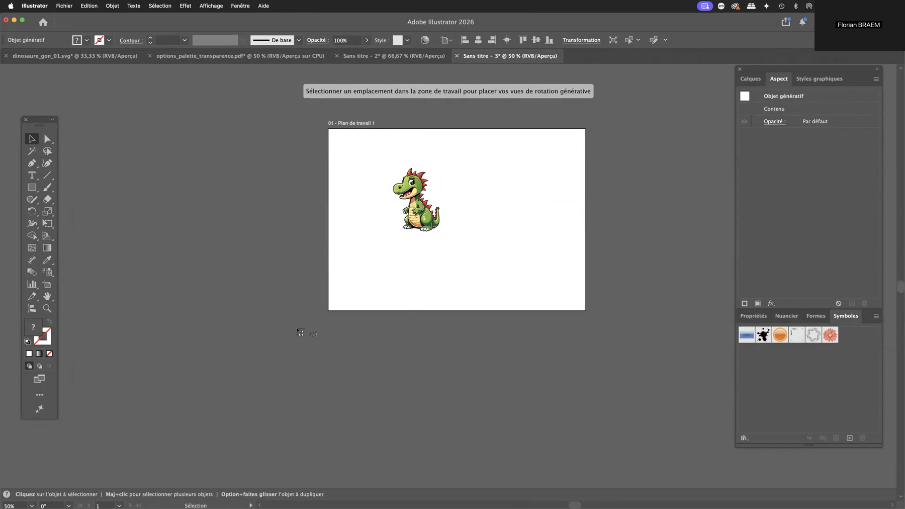 Adobe Illustrator et la rotation générative 7 Message invitant à sélectionner un emplacement pour placer les vues de rotation générative dans Illustrator