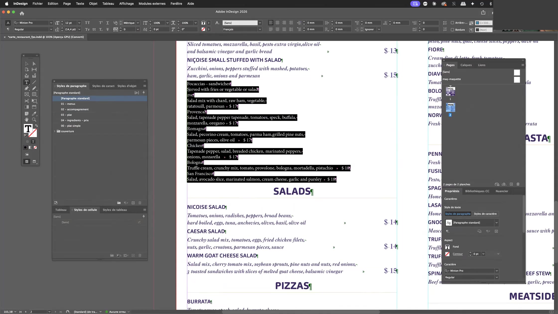 Adobe Indesign et les styles imbriqués, styles GREP, styles suivants 7 Sélection du texte du menu dans InDesign avant application automatique des styles