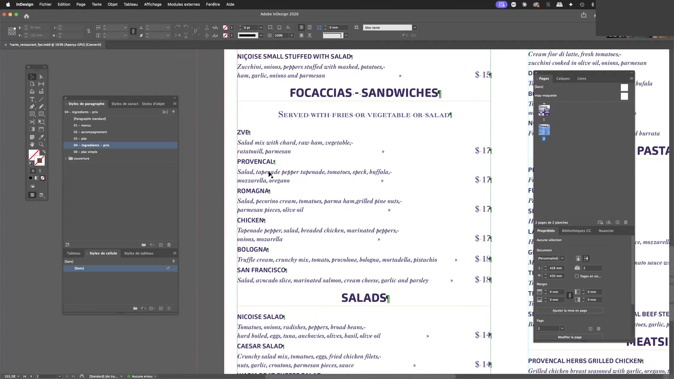 Adobe Indesign et les styles imbriqués, styles GREP, styles suivants 10 Style imbriqué InDesign appliqué jusqu'au caractère de tabulation sur une ligne d'ingrédients