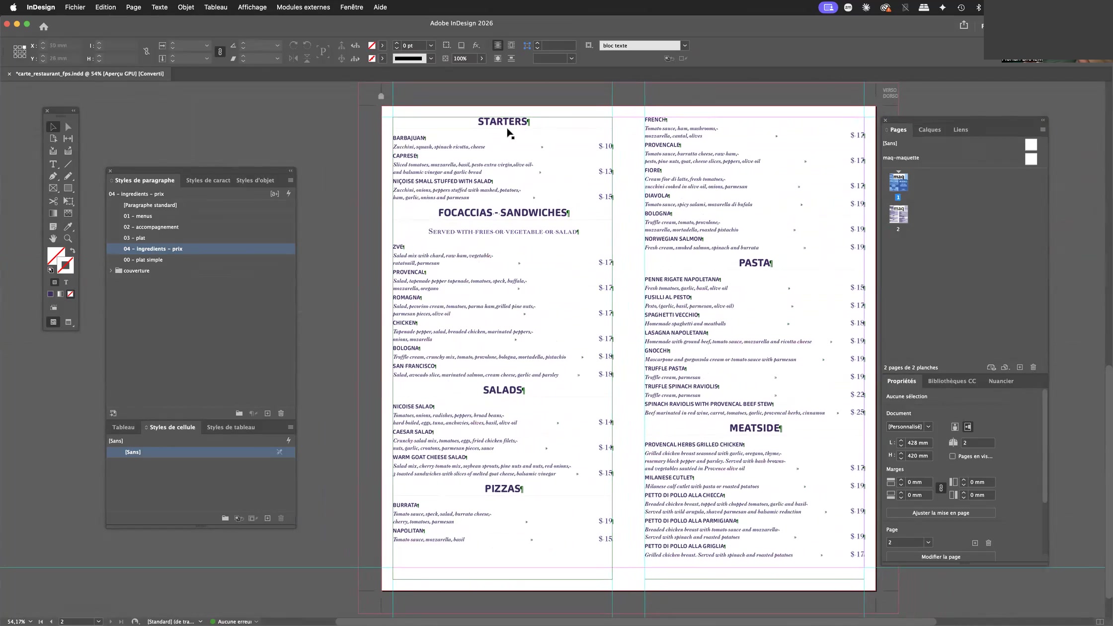 Adobe Indesign et les styles imbriqués, styles GREP, styles suivants 3 Texte brut du menu importé dans InDesign avant application des styles de paragraphe