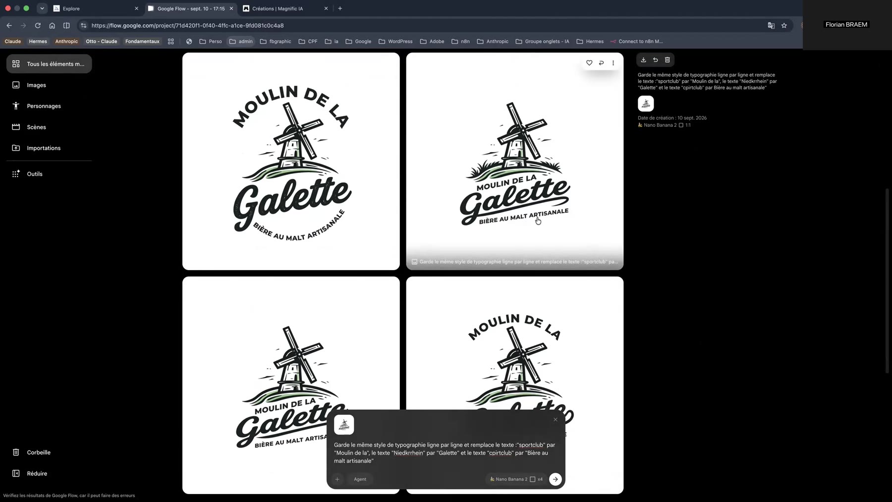 Variantes du logo Moulin de la Galette Quatre variantes du logo Moulin de la Galette générées par Google Flow dans un flux créatif IA
