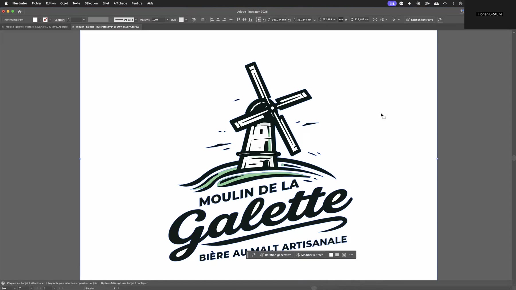 Logo vectorisé ouvert dans Adobe Illustrator 2026 Logo Moulin de la Galette vectorisé dans Adobe Illustrator, résultat final du flux créatif IA