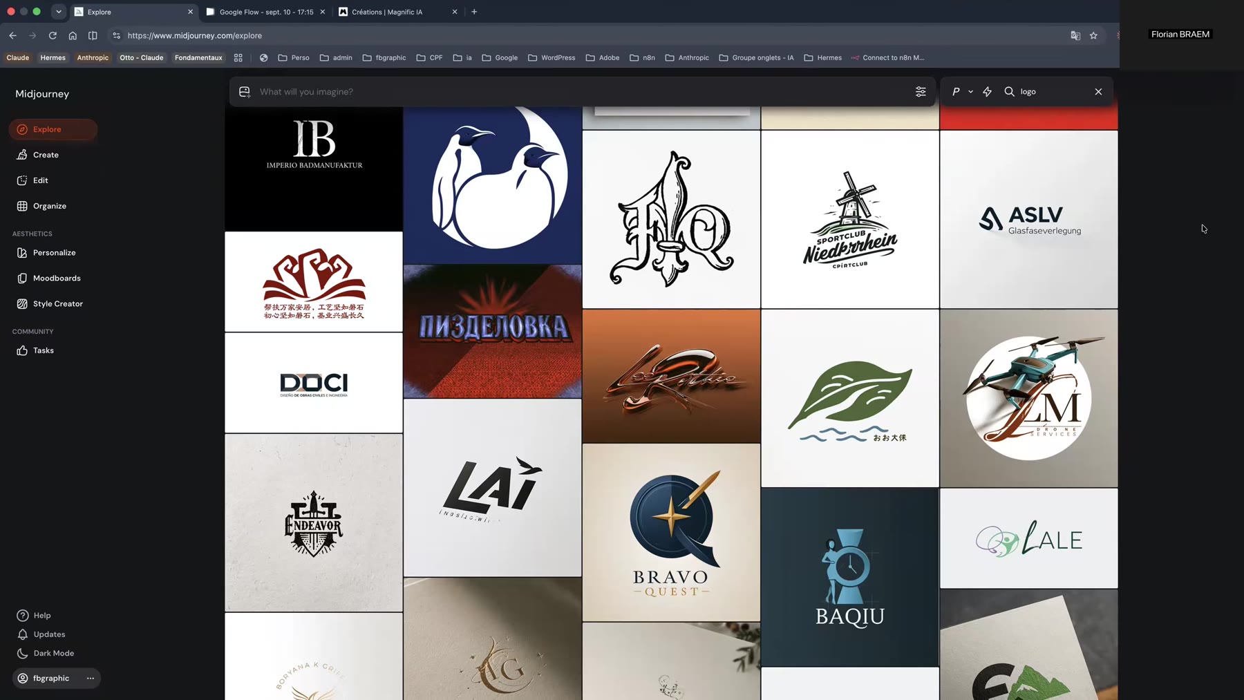Midjourney Explore - recherche de logos Galerie Midjourney Explore filtrée sur le mot-clé logo, première étape du flux créatif IA