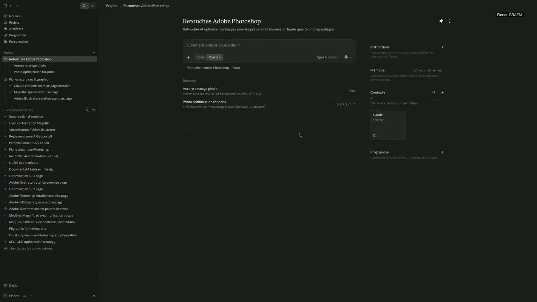 Projet Anthropic Claude « Retouches Adobe Photoshop » et son dossier de contexte connecté Projet Anthropic Claude « Retouches Adobe Photoshop » et son dossier de contexte connecté