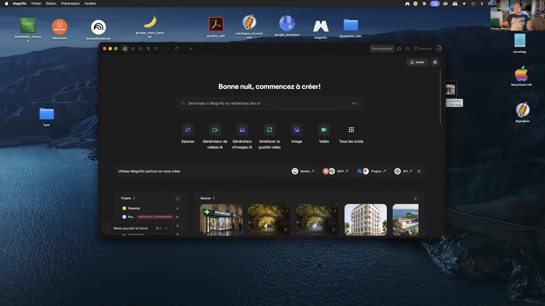 Pose enseigne avec Magnific - écran d’accueil de l’application Magnific avec Spaces, générateurs d’images et de vidéos