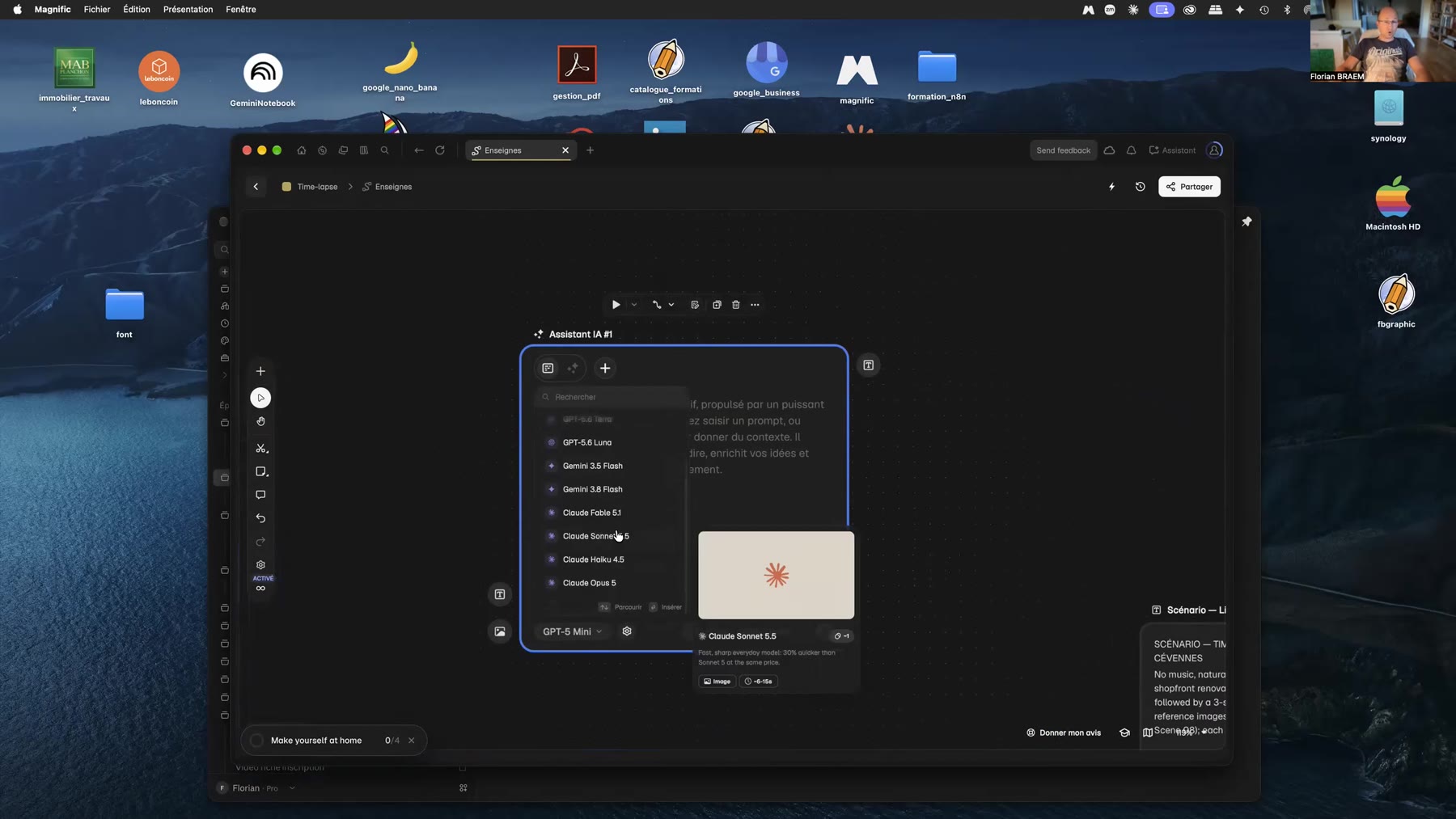 Pose enseigne avec Magnific - nœud Assistant IA d’un Space et liste des modèles GPT, Gemini et Claude disponibles