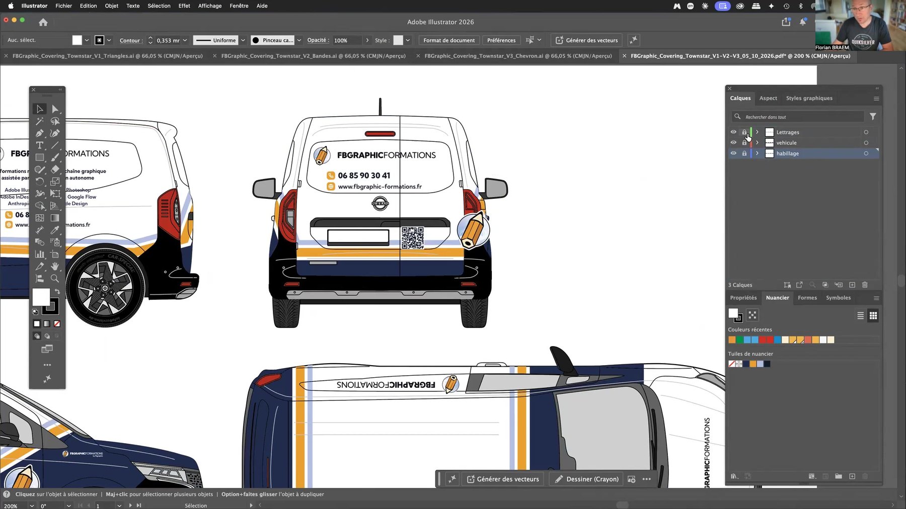 Calques Lettrages, vehicule et habillage dans Adobe Illustrator Panneau Calques d’Adobe Illustrator 2026 avec les calques Lettrages, vehicule et habillage du covering généré par Claude