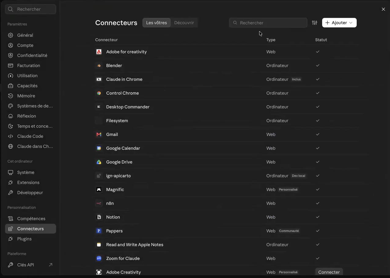 Connecteur Magnific dans Claude Claude Magnific - liste des connecteurs de l’application Anthropic Claude avec le connecteur Magnific activé