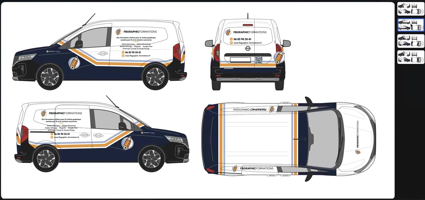 Déclinaison de covering générée par un projet Claude Covering Claude - déclinaison vectorielle d’un covering de Nissan Townstar générée par un projet Anthropic Claude pour Adobe Illustrator