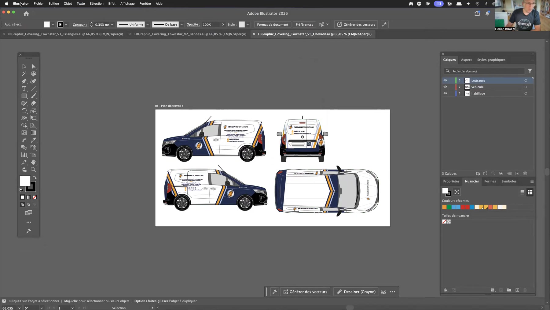 Fichier .ai à calques généré par le script Illustrator Fichier .ai du covering Nissan Townstar version Chevron avec trois calques Lettrages, vehicule et habillage dans Adobe Illustrator 2026