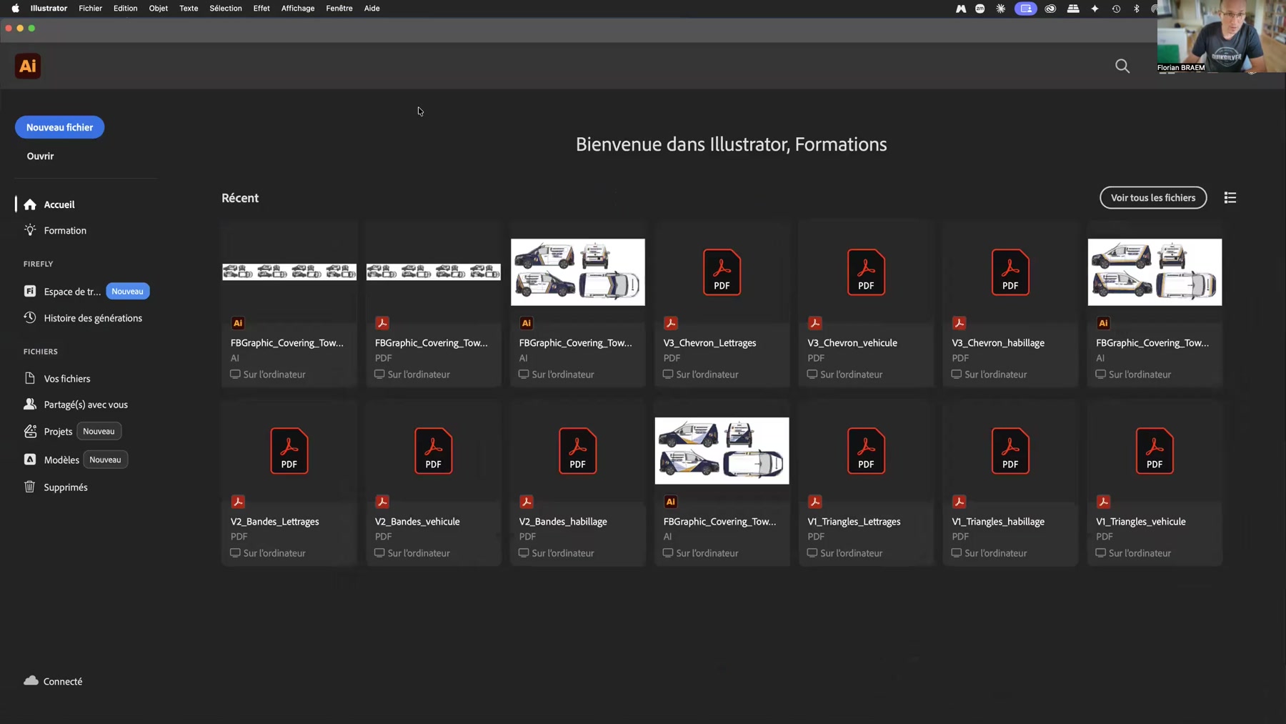 Accueil Adobe Illustrator 2026 et fichiers récents Écran d’accueil Adobe Illustrator 2026 avec les fichiers récents du covering véhicule