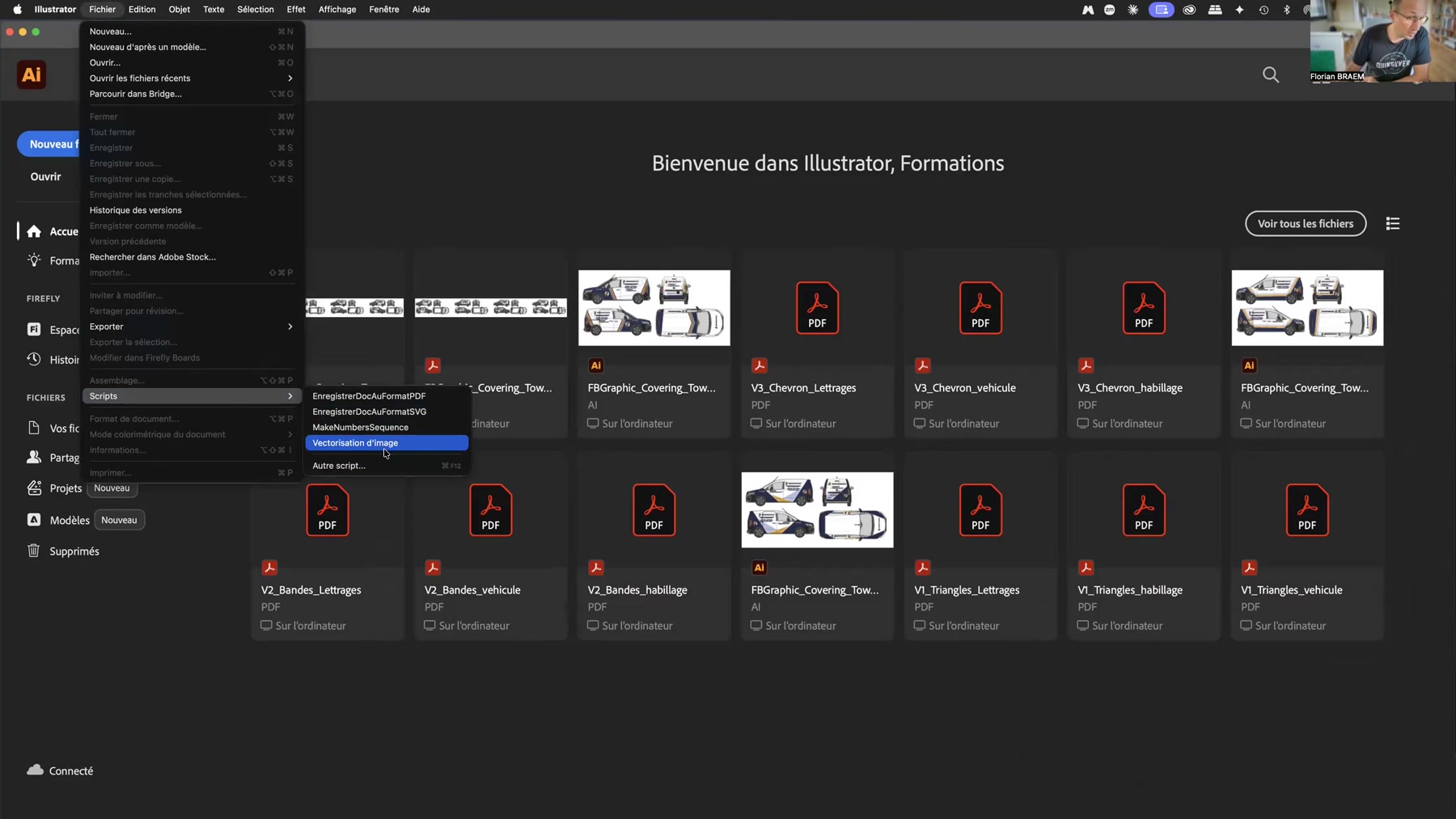 Menu Fichier > Scripts d’Adobe Illustrator Menu Fichier, Scripts d’Adobe Illustrator 2026 avec les scripts installés et la commande Autre script