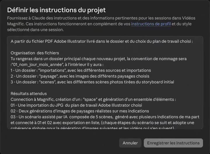 Instructions du projet - organisation des fichiers Claude Magnific - instructions du projet Claude pour l’organisation des fichiers avec convention de nommage et dossiers importations, paysage, scenes