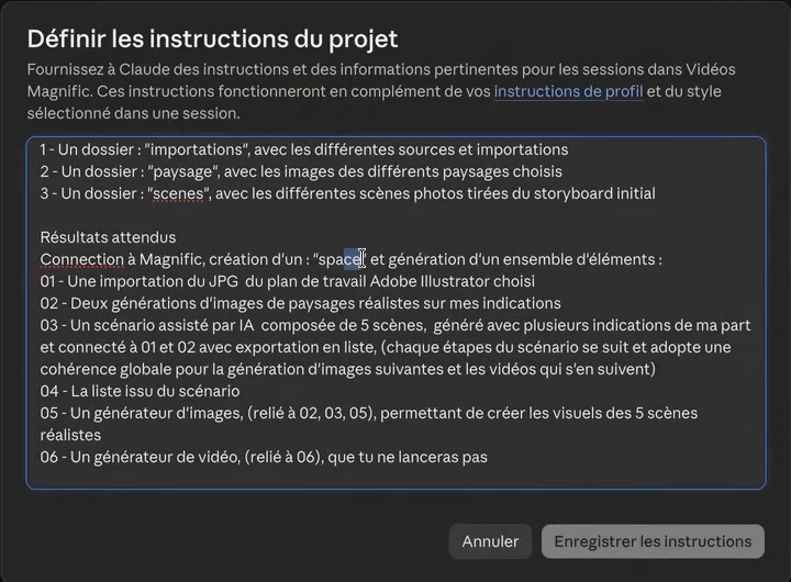Instructions du projet - résultats attendus Claude Magnific - instructions du projet Claude décrivant les six nœuds du Space Magnific, du JPG du covering au générateur vidéo