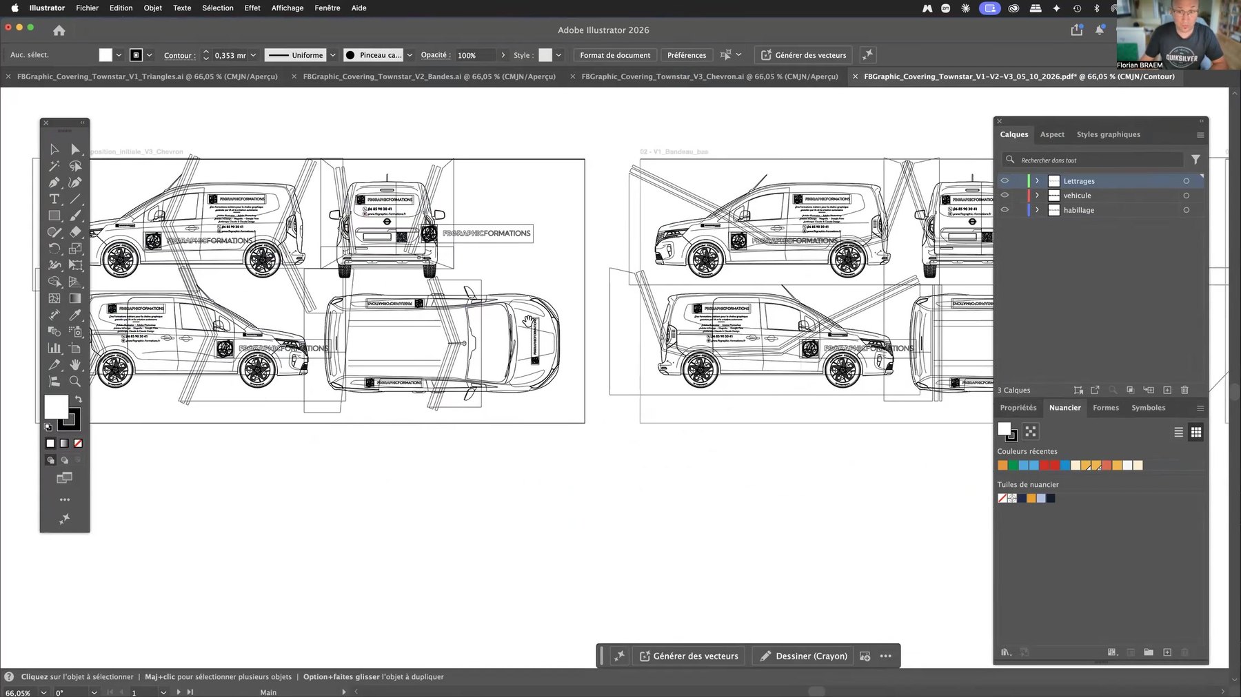 Mode Contour Adobe Illustrator sur le covering Mode Contour d’Adobe Illustrator 2026 montrant les tracés vectoriels des déclinaisons du covering Claude sur plusieurs plans de travail