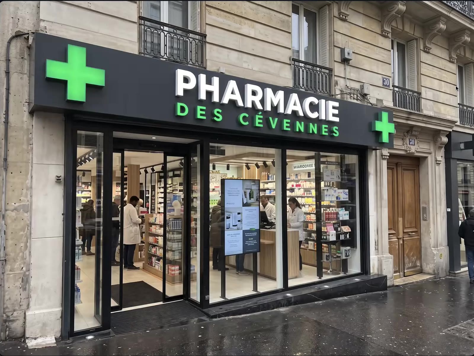 Pose enseigne - photo après de la façade Pharmacie des Cévennes avec enseigne et croix verte lumineuses
