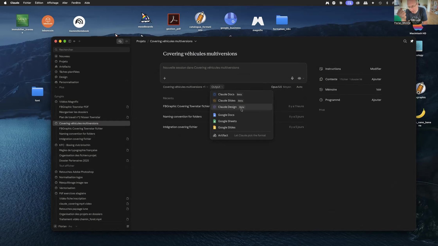 Menu Output du projet Claude Menu Output d’un projet Claude avec Claude Docs, Claude Slides, Claude Design, Google Docs, Google Sheets, Google Slides et Artifact